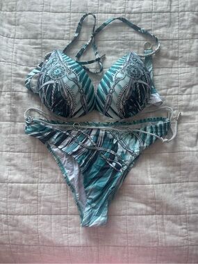 adidas Teal & White Chain-Print Push-Up Bikini